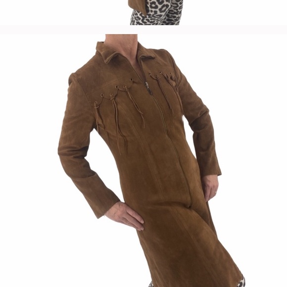 Faux Suede long brown coat with fringe size medium - Picture 3 of 12